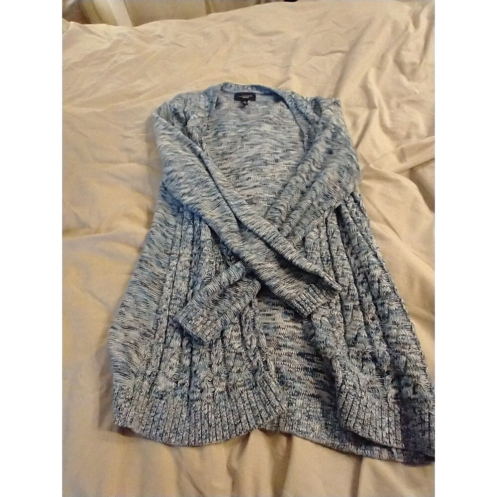 Lands End Drifter Cable Knit Cardigan Open Front Denim Blue White Marled Medium